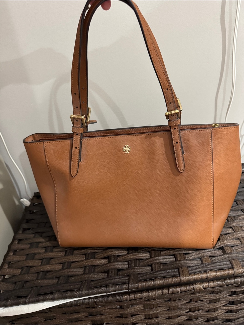 Tory Burch Cognac Leather Double-Handle Tote with Gold Logo